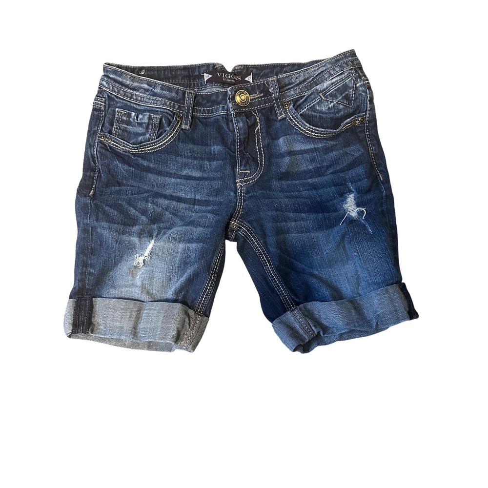 Vigoss Women's 27 Bermuda Jean Shorts Y2K Dark Wash Distressed Cuffed Stretch